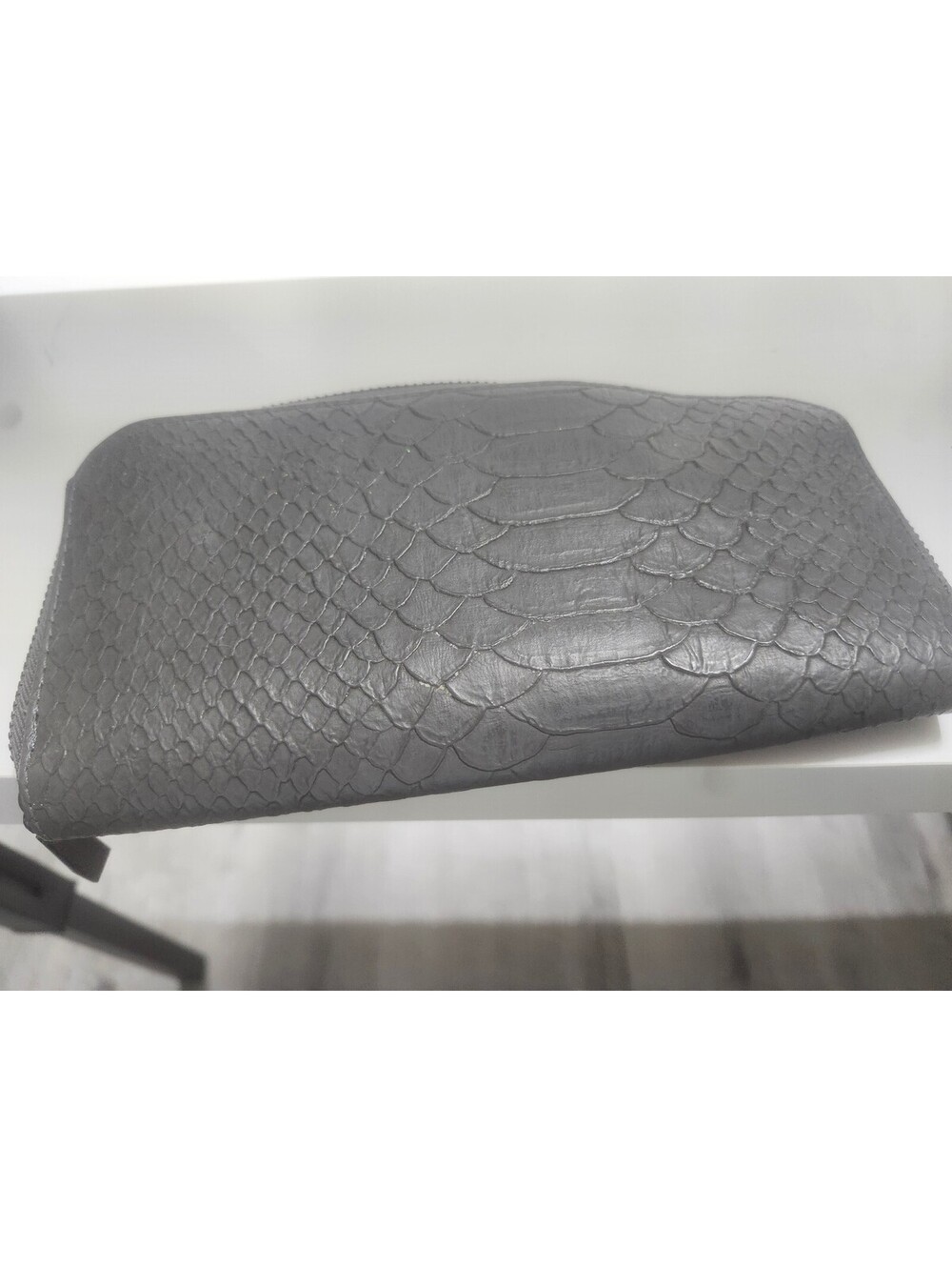 Gray Faux Leather Zip-Around Wallet with Snake Texture